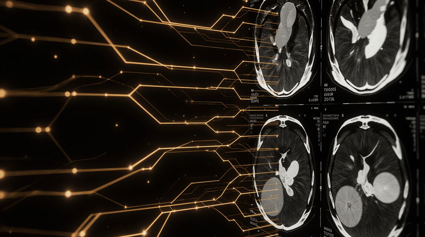 Brain MRI scans connected to circuit traces