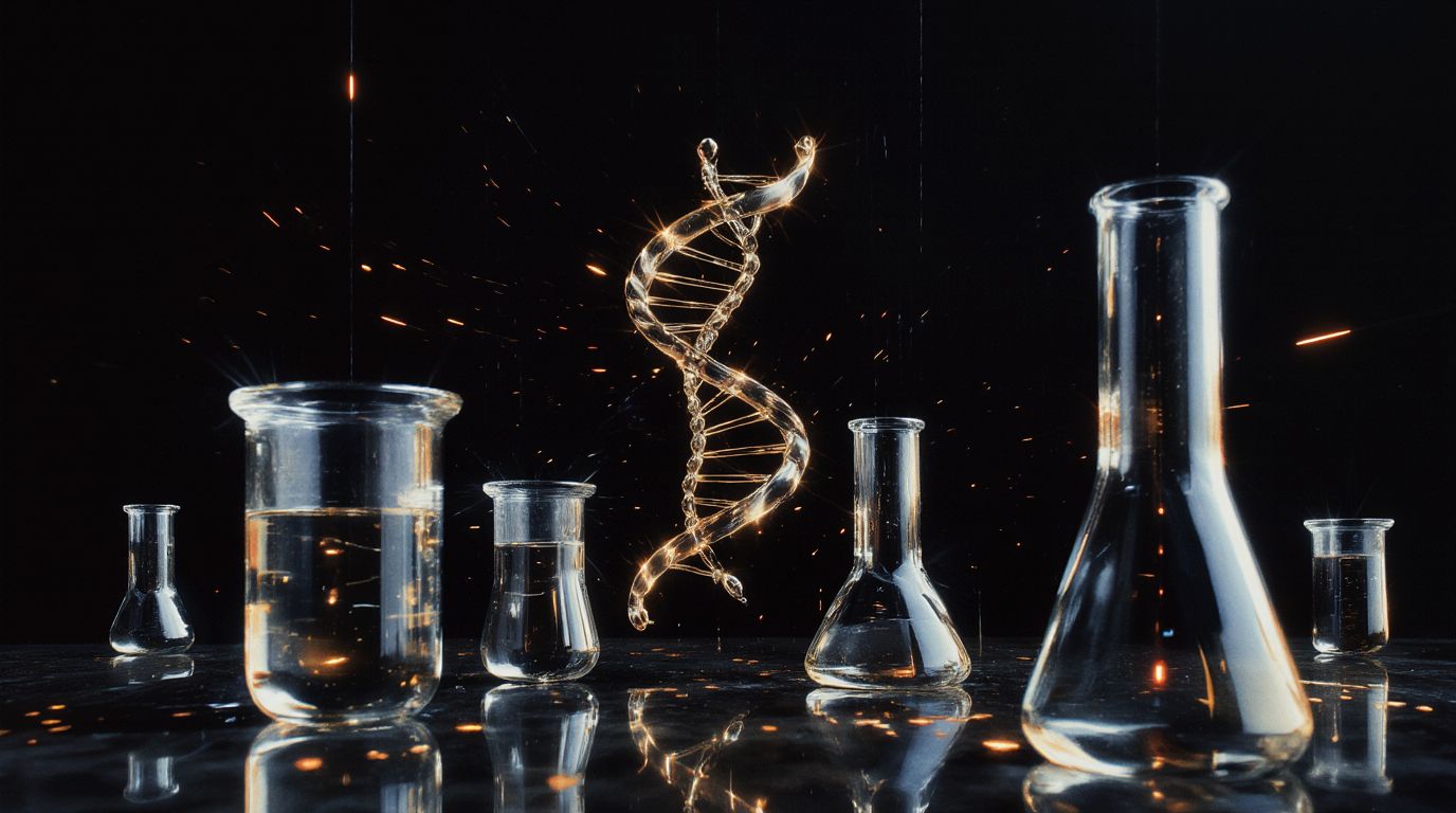 Laboratory glassware beside a DNA helix