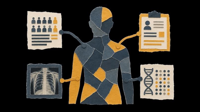 Paper collage of a patient assembled from imaging, genomic and clinical records